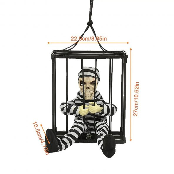 Hareketli Sesli Sensörlü Mahkum Görünümlü Kuru Kafa İskelet Dekorasyon 22x27 cm - 5