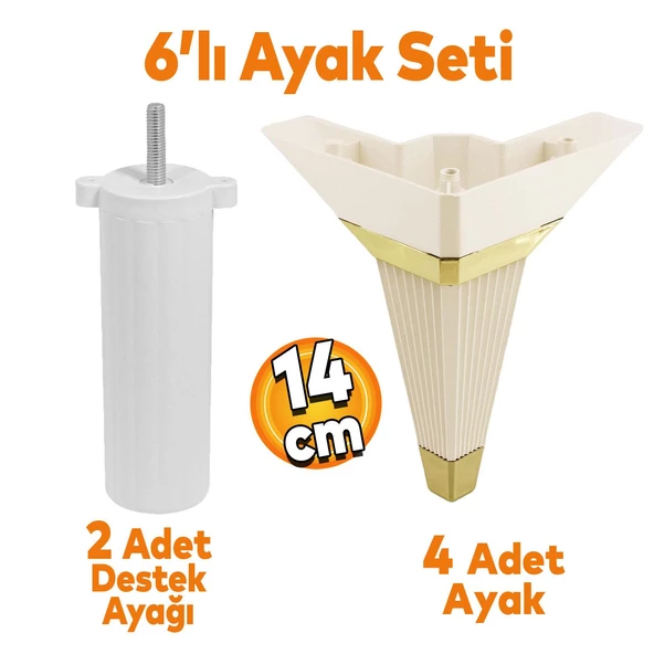 Alcazar Köşe 6'lı Set Mobilya TV Ünitesi Çekyat Koltuk Kanepe Destek Ayağı 14 cm Krem M8 Civatalı