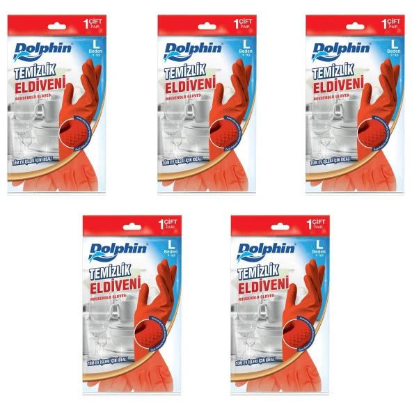 Dolphin Lateks Bulaşık Temizlik Eldiveni - Kırmızı - Large ( Büyük ) - 9-9,5 - 5 Paket