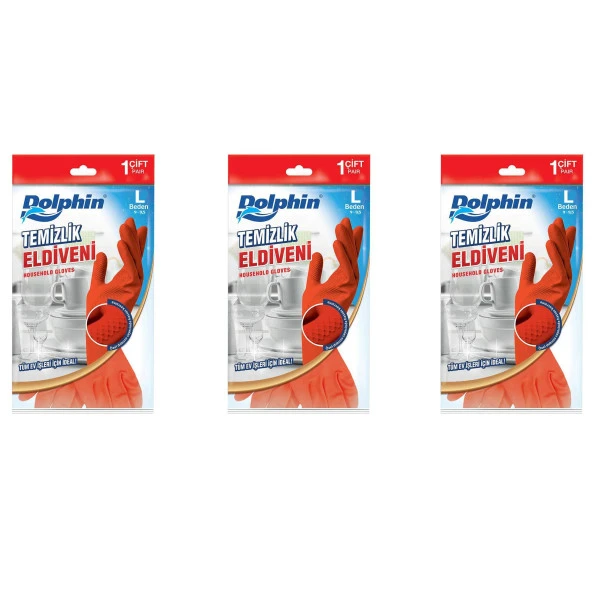 Dolphin Lateks Bulaşık Temizlik Eldiveni - Kırmızı - Large ( Büyük ) - 9-9,5 - 3 Paket ürün görseli