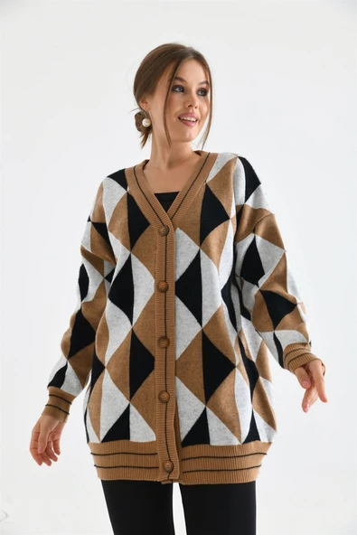 FTZ Women Kadın Üçgen Desen Hırka Bisküvi 21-6357