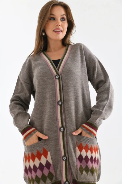 FTZ Women Kadın Baklava Desen Hırka  Kahve 21-6299 - 2