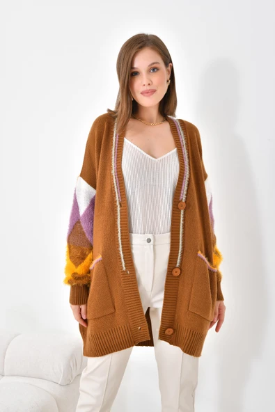 FTZ Women Kadın Baklava Detaylı Hırka  Taba 20003 - Resim 6