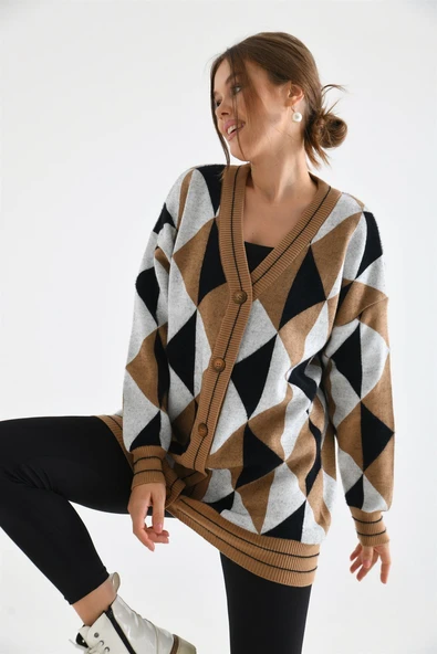 FTZ Women Kadın Üçgen Desen Hırka Bisküvi 21-6357 - 3