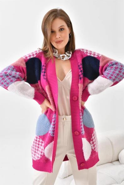 FTZ Women Kadın Desen Düğme Detay Hırka  Fuşya 21-6019 - Resim 5