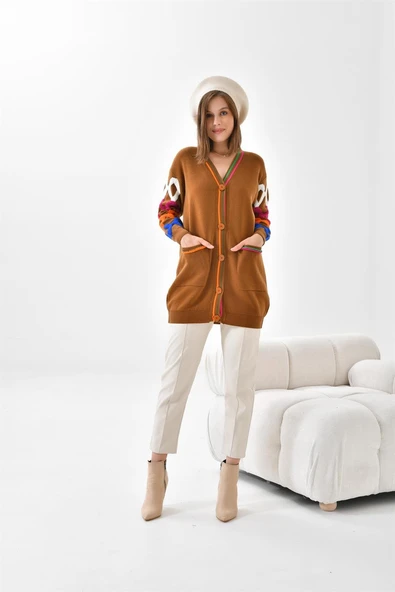 FTZ Women Kadın Baklava Desen Detaylı Hırka  Taba 20115 - 2