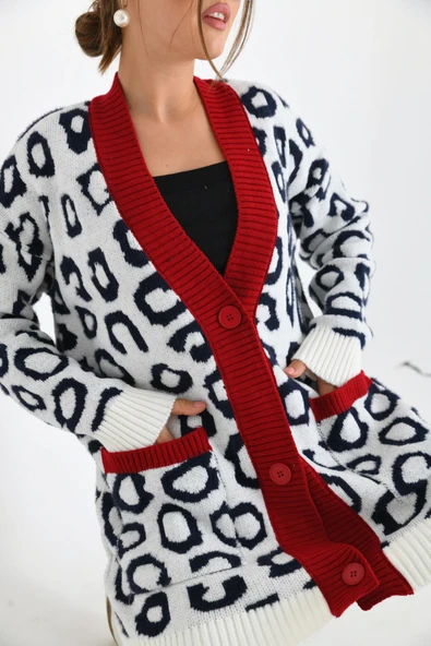FTZ Women Kadın Leopar Detaylı Hırka  Ekru 20001 - 2
