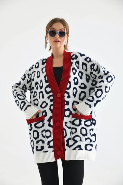 FTZ Women Kadın Leopar Detaylı Hırka  Ekru 20001 - 5