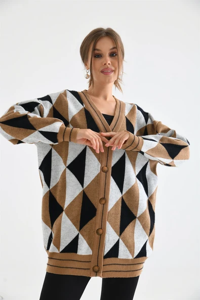 FTZ Women Kadın Üçgen Desen Hırka Bisküvi 21-6357 - 2