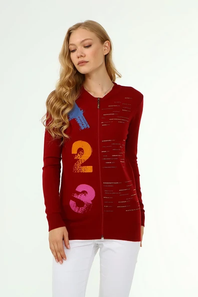 FTZ Women Kadın Baskı Taş Detaylı Hırka  Bordo 21-1342 - 3