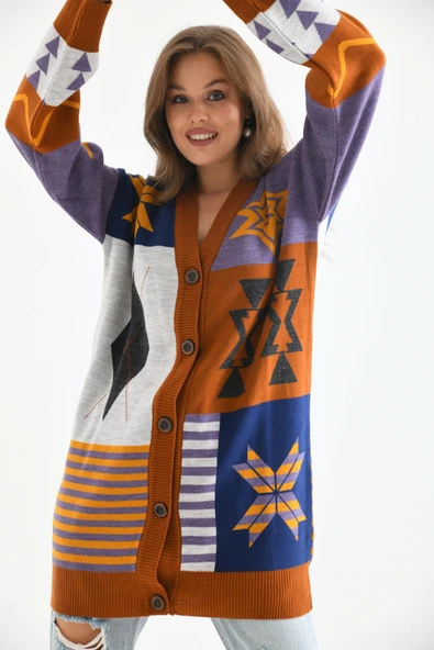 FTZ Women Kadın Etnik Desen Hırka  Kiremit 21-6313 - Resim 5