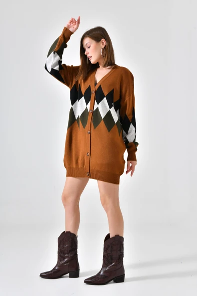 FTZ Women Kadın Göğüs Baklava Desen Hırka  Taba 21-6285 - Resim 2