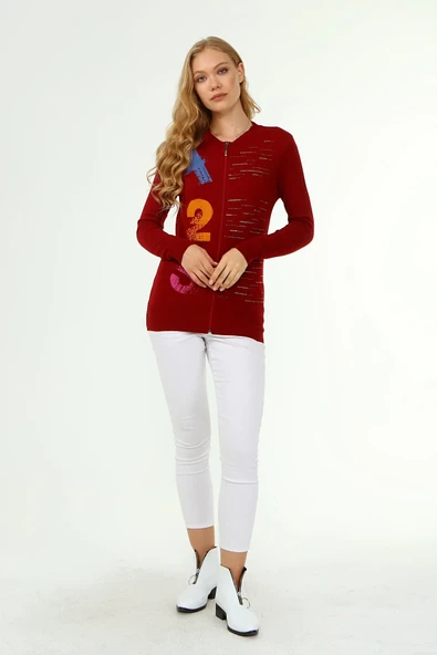 FTZ Women Kadın Baskı Taş Detaylı Hırka  Bordo 21-1342 - 2