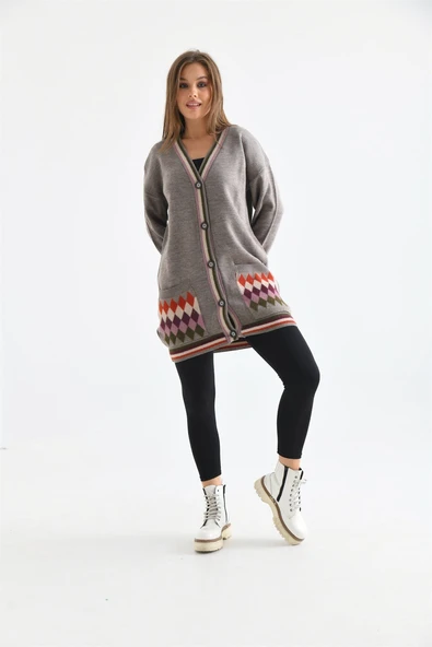 FTZ Women Kadın Baklava Desen Hırka  Kahve 21-6299 - 6