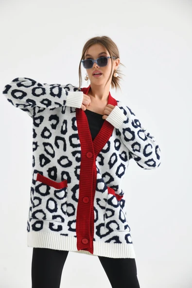 FTZ Women Kadın Leopar Detaylı Hırka  Ekru 20001 - 6