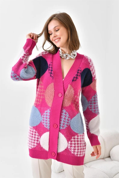 FTZ Women Kadın Desen Düğme Detay Hırka  Fuşya 21-6019 - Resim 4