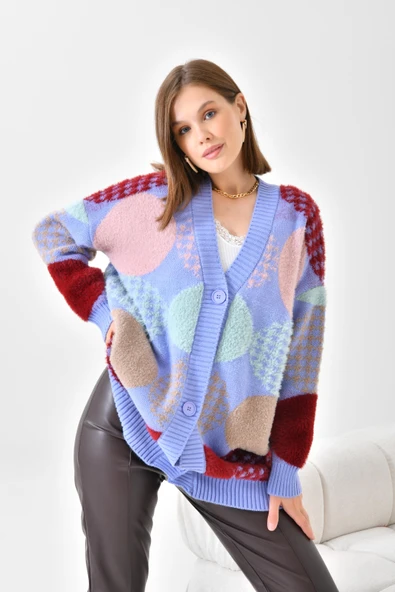 FTZ Women Kadın Desen Düğme Detay Hırka  Lila 21-6019 - 6