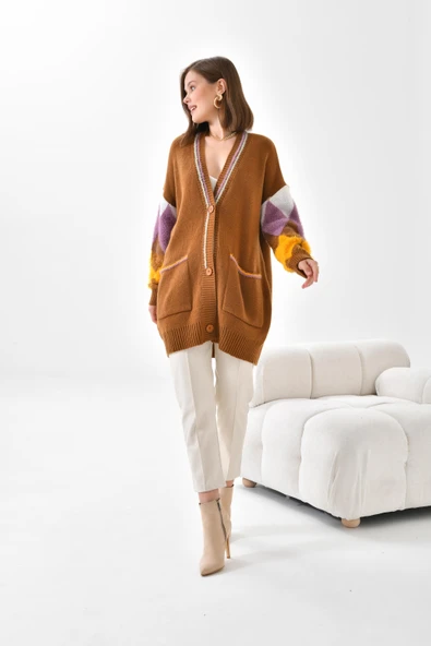 FTZ Women Kadın Baklava Detaylı Hırka  Taba 20003 - Resim 3