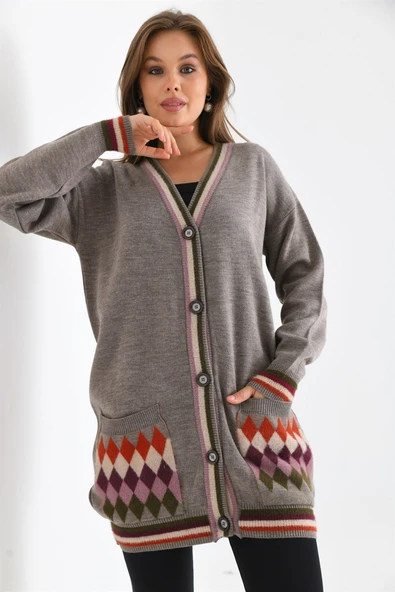 FTZ Women Kadın Baklava Desen Hırka  Kahve 21-6299