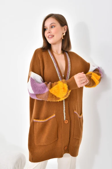 FTZ Women Kadın Baklava Detaylı Hırka  Taba 20003 - Resim 5