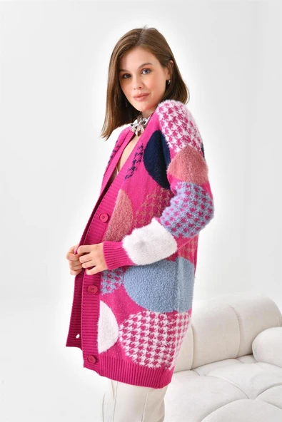 FTZ Women Kadın Desen Düğme Detay Hırka  Fuşya 21-6019 - Resim 6