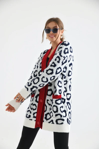 FTZ Women Kadın Leopar Detaylı Hırka  Ekru 20001 - 7
