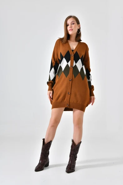 FTZ Women Kadın Göğüs Baklava Desen Hırka  Taba 21-6285 ürün görseli