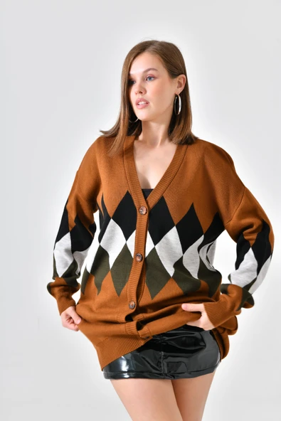 FTZ Women Kadın Göğüs Baklava Desen Hırka  Taba 21-6285 - Resim 6