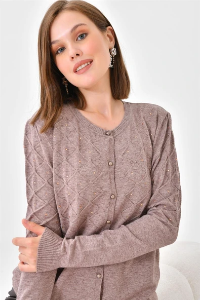 FTZ Women Kadın İnci Detaylı Hırka  Vizon 20048 - Resim 6