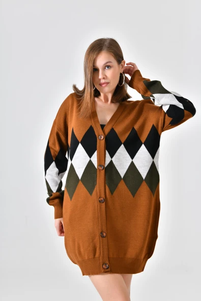 FTZ Women Kadın Göğüs Baklava Desen Hırka  Taba 21-6285 - Resim 4