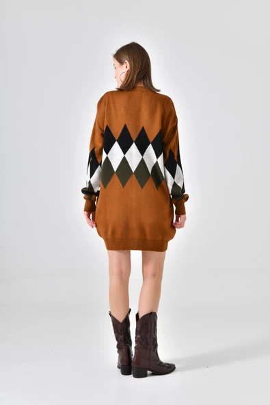 FTZ Women Kadın Göğüs Baklava Desen Hırka  Taba 21-6285 - Resim 7