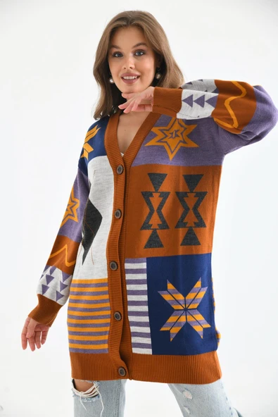 FTZ Women FTZ Women Kadın Etnik Desen Hırka  Kiremit 21-6313 - 7