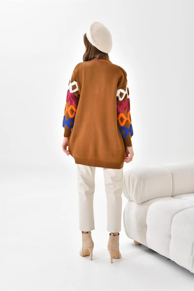 FTZ Women Kadın Baklava Desen Detaylı Hırka  Taba 20115 - Resim 7