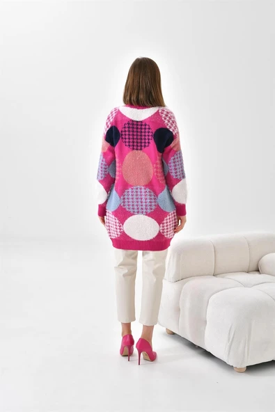 FTZ Women Kadın Desen Düğme Detay Hırka  Fuşya 21-6019 - Resim 7