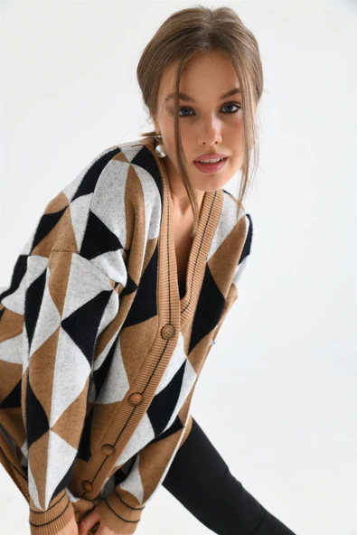 FTZ Women Kadın Üçgen Desen Hırka Bisküvi 21-6357 - 5