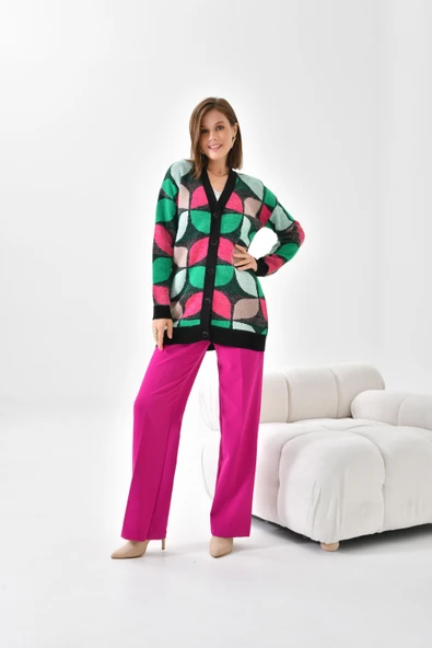 FTZ Women Kadın Yaprak Desenli Düğmeli Hırka  Siyah 20497 - Resim 4