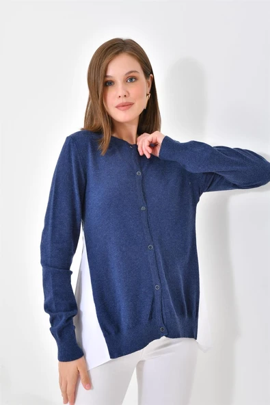 FTZ Women Kadın Poplin Kumaş Detaylı Hırka  İndigo 20526 - Resim 4