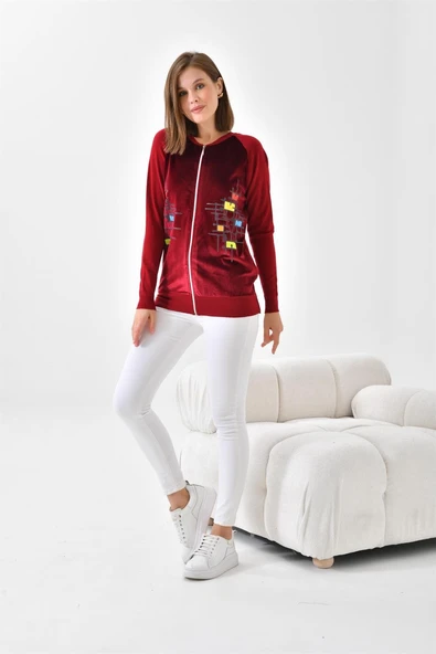 FTZ Women Kadın Kadife Detaylı Fermuarlı Hırka  Bordo 20485 - 5