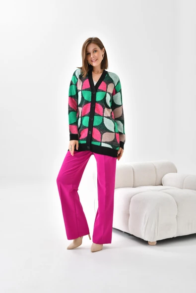 FTZ Women Kadın Yaprak Desenli Düğmeli Hırka  Siyah 20497 - Resim 5