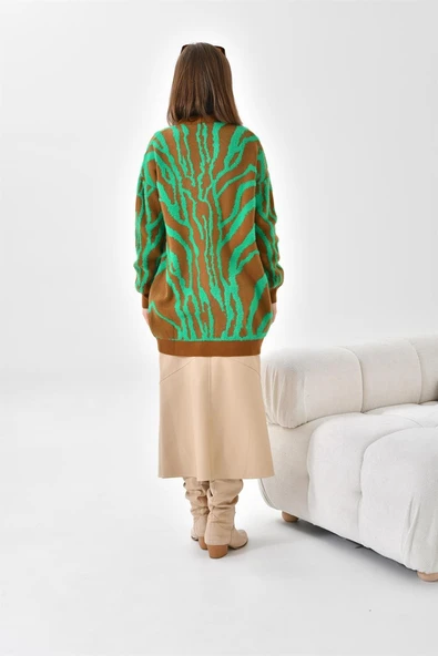 FTZ Women Kadın Zebra Desen Düğme Detaylı Hırka  Taba 20488 - Resim 7