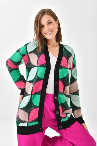 FTZ Women Kadın Yaprak Desenli Düğmeli Hırka  Siyah 20497 - Resim 2