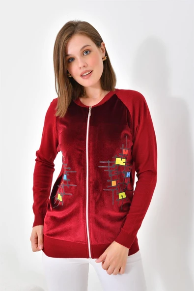 FTZ Women Kadın Kadife Detaylı Fermuarlı Hırka  Bordo 20485 - 3