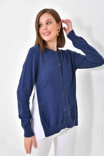 FTZ Women Kadın Poplin Kumaş Detaylı Hırka  İndigo 20526 - Resim 5