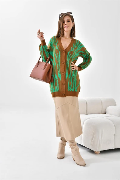 FTZ Women Kadın Zebra Desen Düğme Detaylı Hırka  Taba 20488 - Resim 3