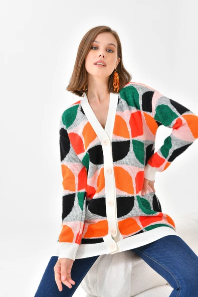 FTZ Women Kadın Yaprak Desenli Düğmeli Hırka  Ekru 20497 - 4