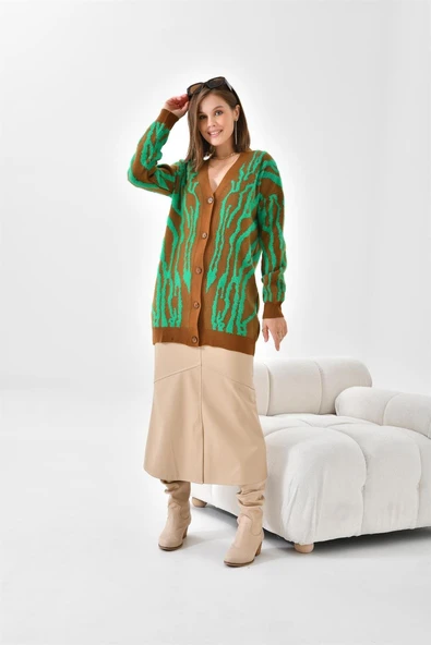 FTZ Women Kadın Zebra Desen Düğme Detaylı Hırka  Taba 20488 - Resim 5