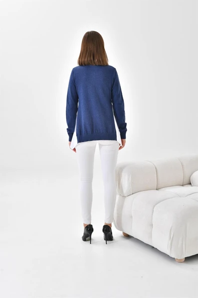 FTZ Women Kadın Poplin Kumaş Detaylı Hırka  İndigo 20526 - Resim 6