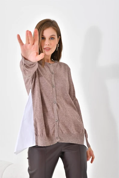 FTZ Women Kadın Poplin Kumaş Detaylı Hırka  Vizon 20526 - Resim 6