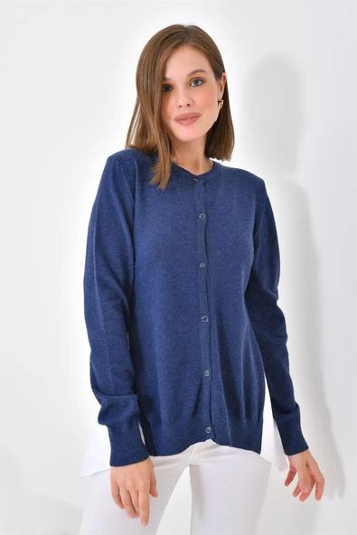 FTZ Women Kadın Poplin Kumaş Detaylı Hırka  İndigo 20526 - Resim 2