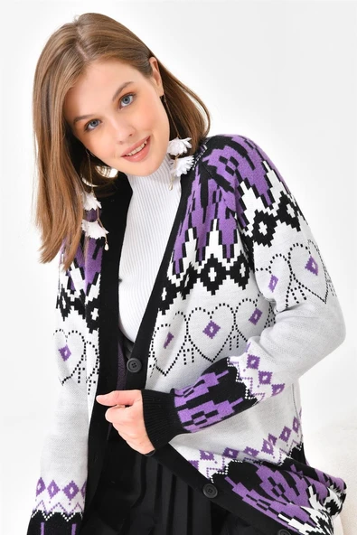 FTZ Women Kadın Etnik Desen Hırka  Siyah 20562 - Resim 2